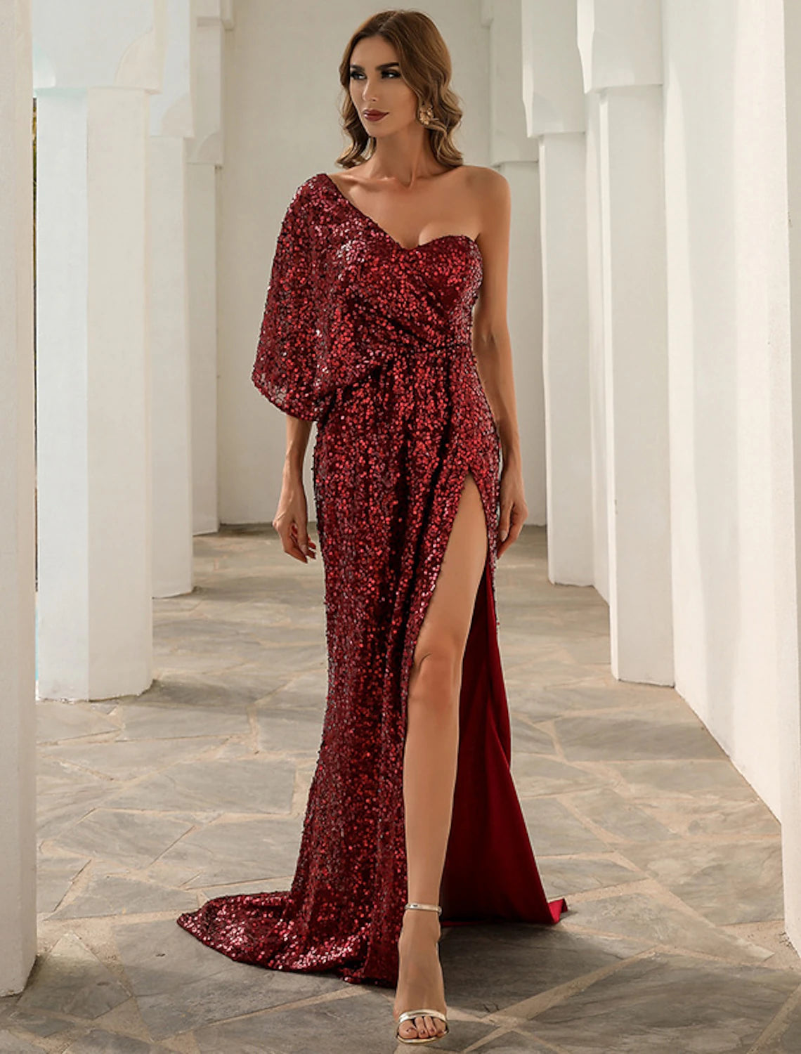 Abito da sera a trapezio, scintillante e brillante, da cerimonia, senza maniche, monospalla, in poliestere con spacco in paillettes